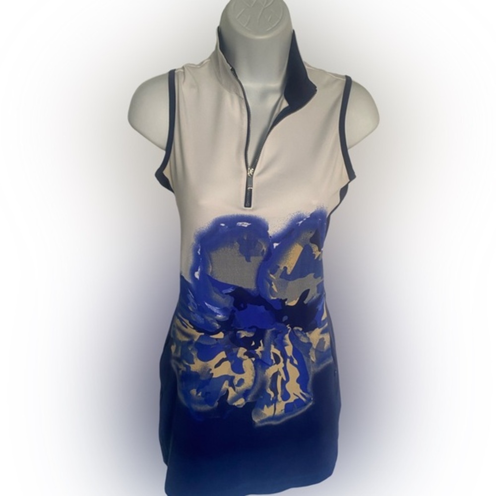 Tail Sleeveless Zip-Up Dress with Blue and Gold Design-XS blue white , poly